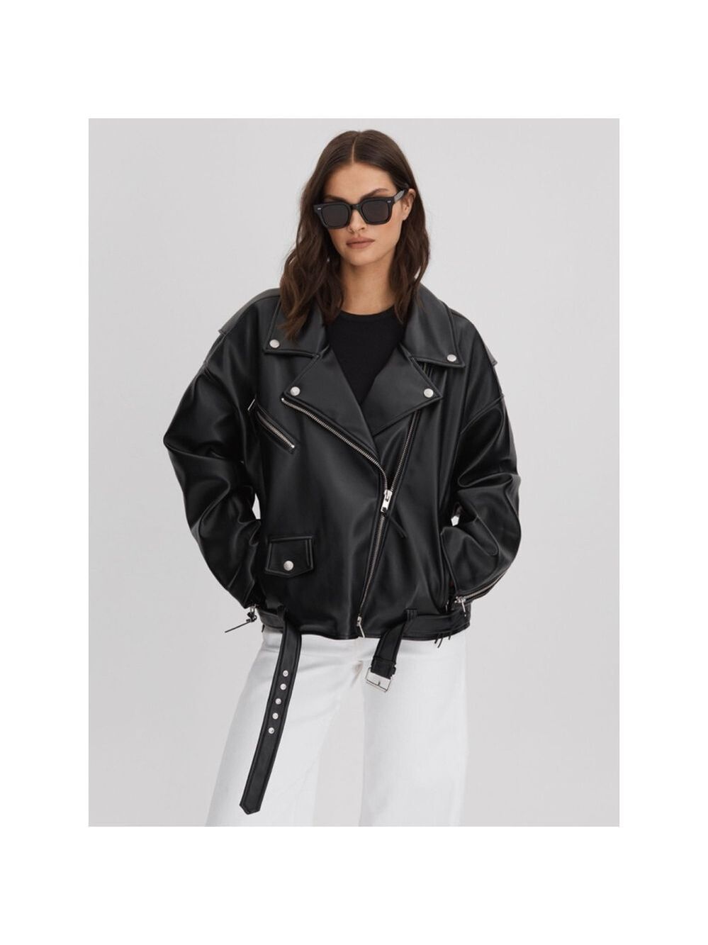 Women's Good American Black Oversized Faux Leather Biker Jacket XXS/XS